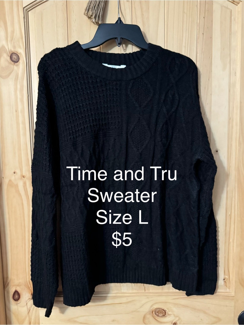 Time and Tru Black Cable-Knit Crewneck Sweater
